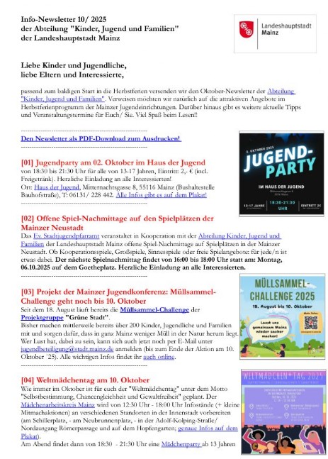 Newsletter der Abteilung "Kinder, Jugend und Familien" der Landeshauptstadt Mainz